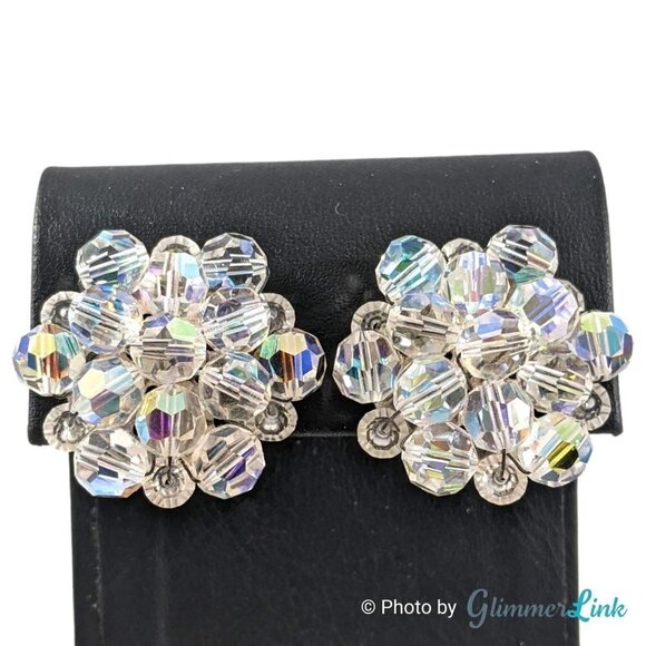 Vintage AB Aurora Borealis Floral Cluster Silver Tone Clip On Earrings - Picture 1 of 8